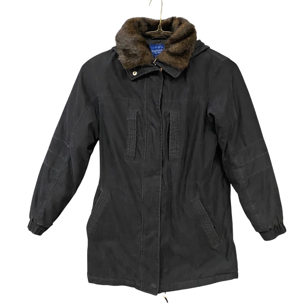 Mackintosh New England Womens Black Hooded Parka Jacket Faux Fur Trim Size S